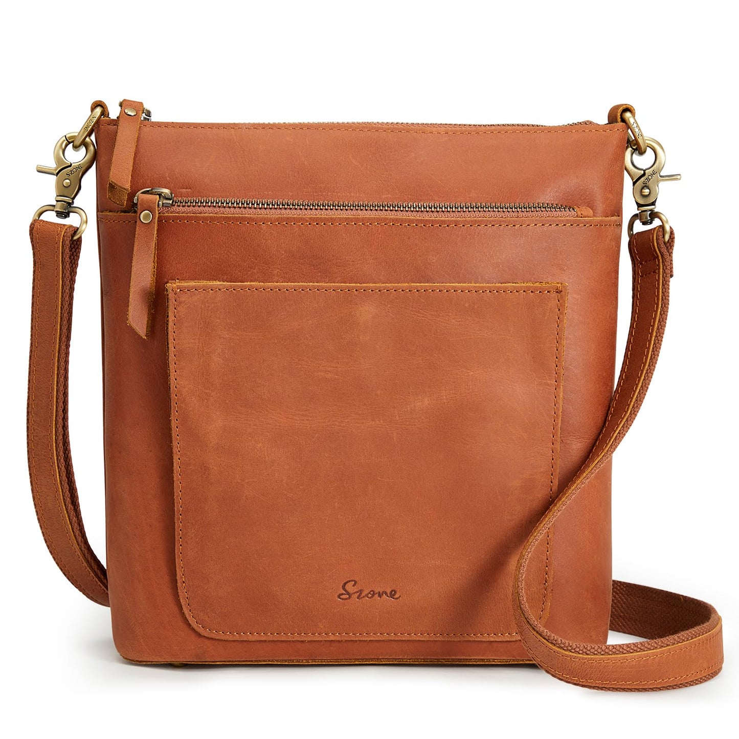 S-ZONE Leather Crossbody Bag for Women Vintage Cross Body Bags Shoulder Purse Ladies Medium Handbag with Multi Pockets