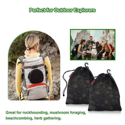Mesh Foraging Bags with Clip, 4 Pack Drawstring & Toggle Closure Foraging Pouch for Rock Collecting, Mushroom Hunting, Beachcombing, Fastening Hook Nylon Harvesting Pouch for Adults Men Women 9"x12"