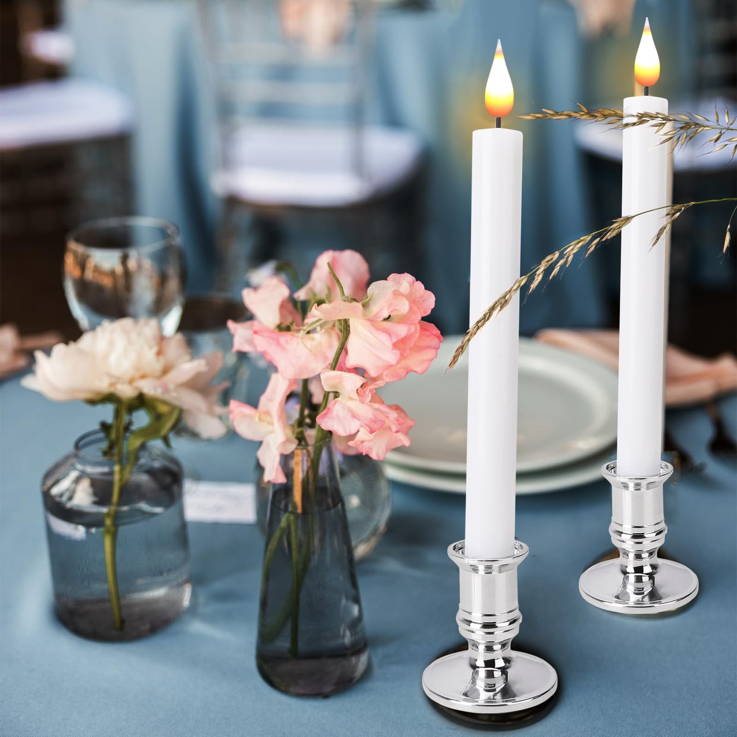 Bolamp LED Flameless Window Candles with Remote Timer Sliver Base 10 PCS Battery Operated Flickering Taper Candle Lights with Removable Candle Holders Best Gift for Xmas Wedding Home Dinner Décor