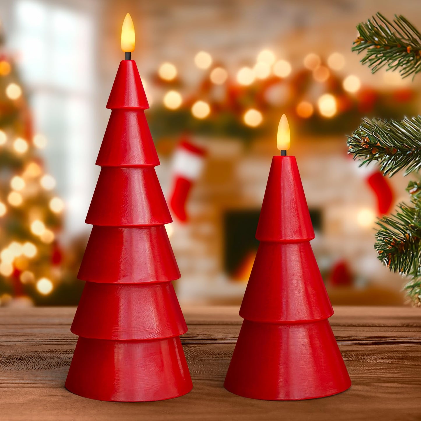 Yongmao Christmas Tree Shaped Flickering Flameless Candles Set of 2, Gold Holiday Decor, Real Wax Battery Operated LED Candles with Timer for Christmas Home Party Decoration