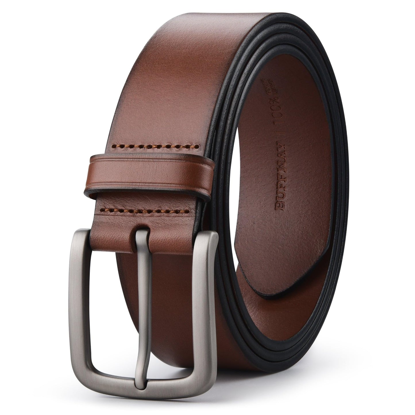 Buffway Men's Leather Belt,1.5" Handcrafted Top-Grain Leather – Durable,Comfortable,Suitable for Everyday Formal & Casual Wear - Size 34" Brown