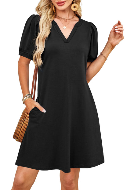 RUMIA V-Neck Summer Casual Sundress for Women- Puff Short Sleeve Swing Beach Dress with Pockets Black