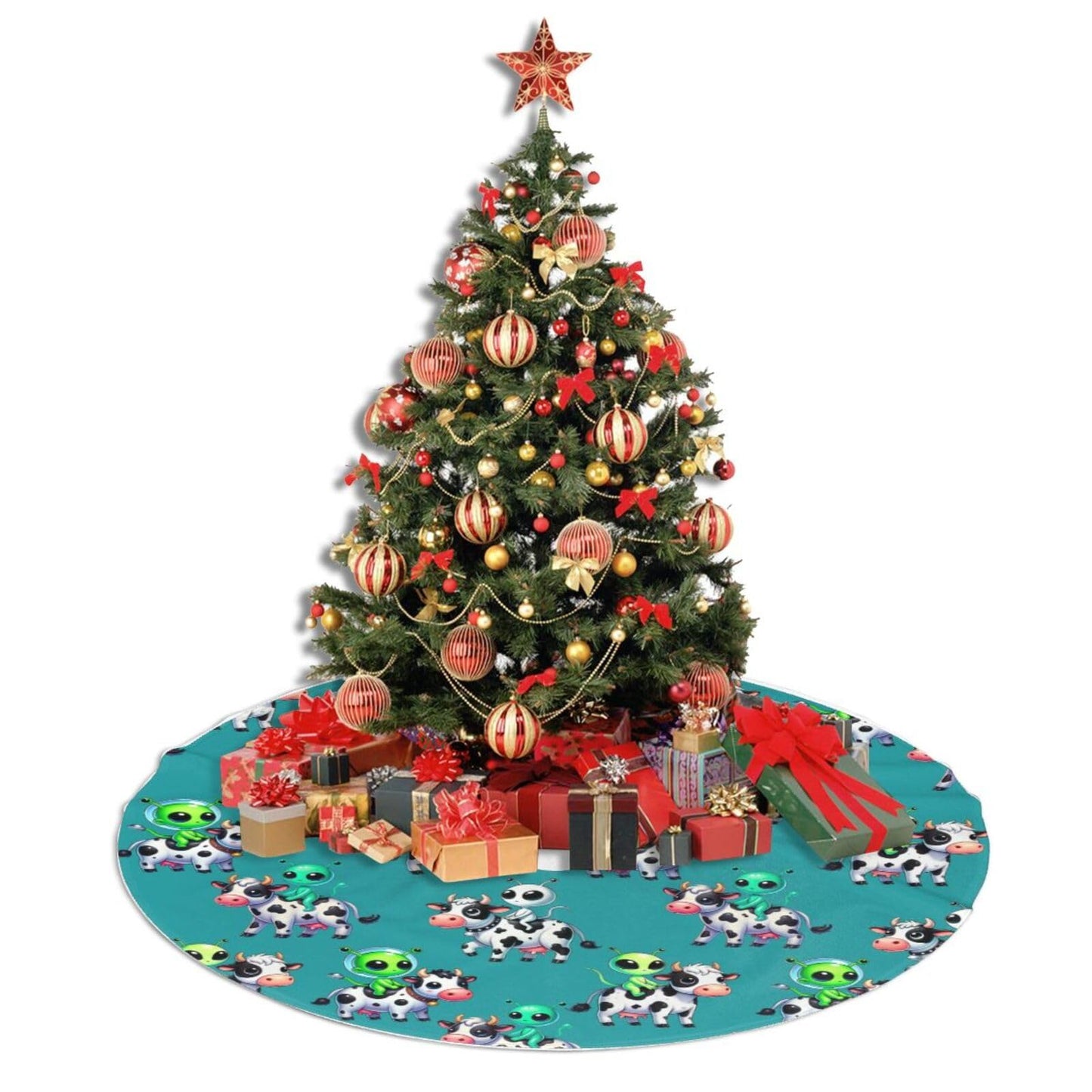 Cute Cows and Aliens Christmas Tree Skirt, 48 inches Chicken Tree Skirts Xmas Mat Farmhouse Holiday Party New Year Supplies Ornaments Decorations for Mini Small Pencil Big Trees
