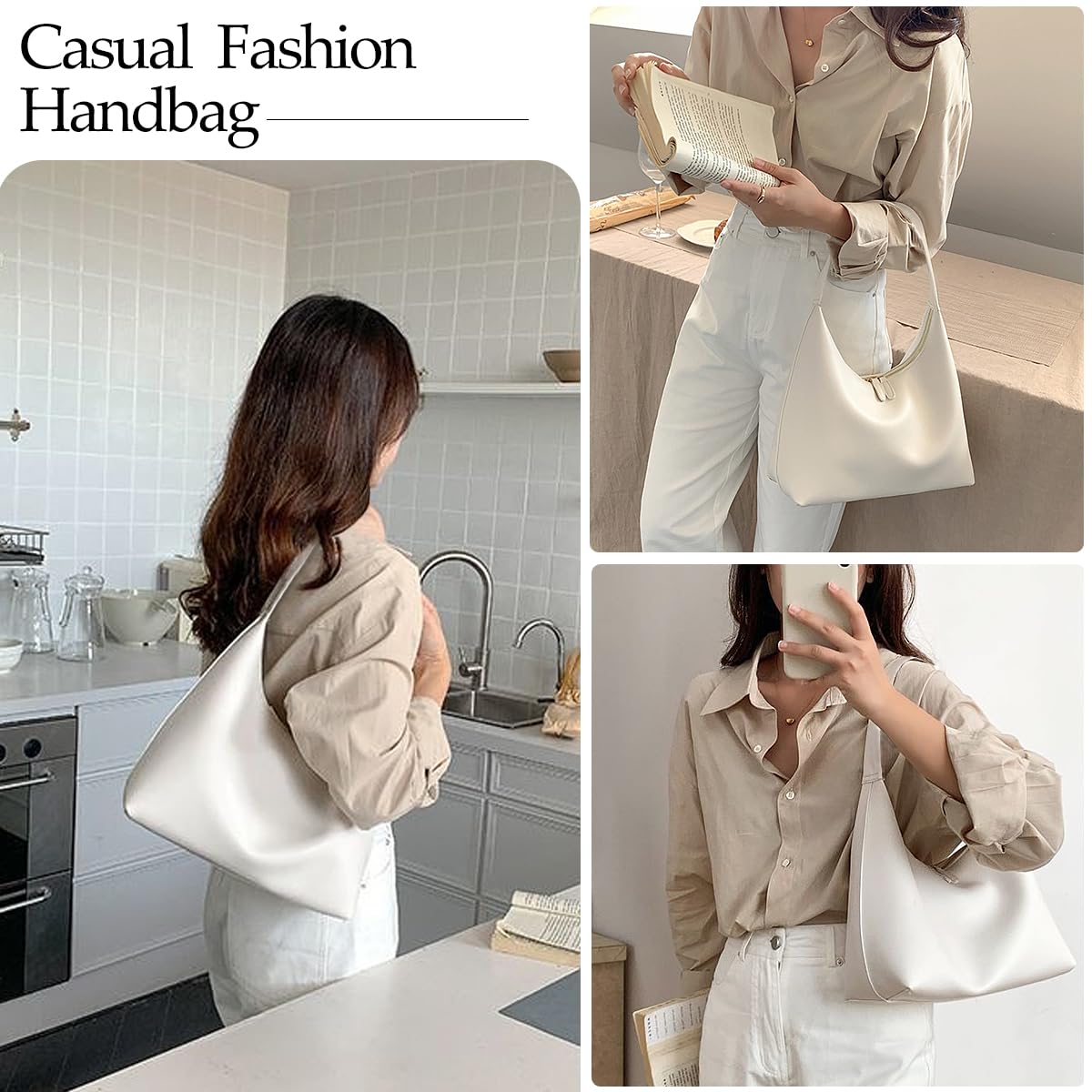 Small Shoulder Bag for Women Cute Hobo Purses Trendy Leather Tote Handbags Classic White Underarm Purse with Double Zipper