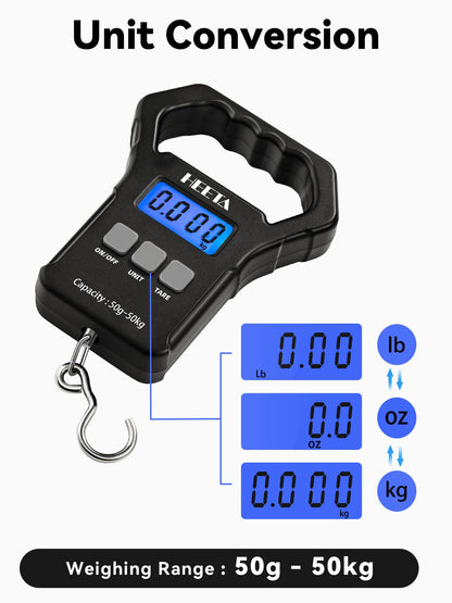 HEETA Fish Scale, 110lb/50kg Digital Portable Hanging Fishing Weight Scale with Backlit LCD Display, Luggage Scale with Non-Slip Large ABS Handle & 2 AAA Batteries, Fishing Gifts Gear for Men, Black