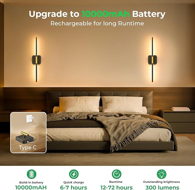 1 Pack 10000mAh Detachable Battery Operated Wall Sconce, Wireless Wall Lamp 360°Rotate,3000-6500K Dimmable, Rechargeable Wall Light for Bedroom, Living Room, 28.3 Inch Black Gold