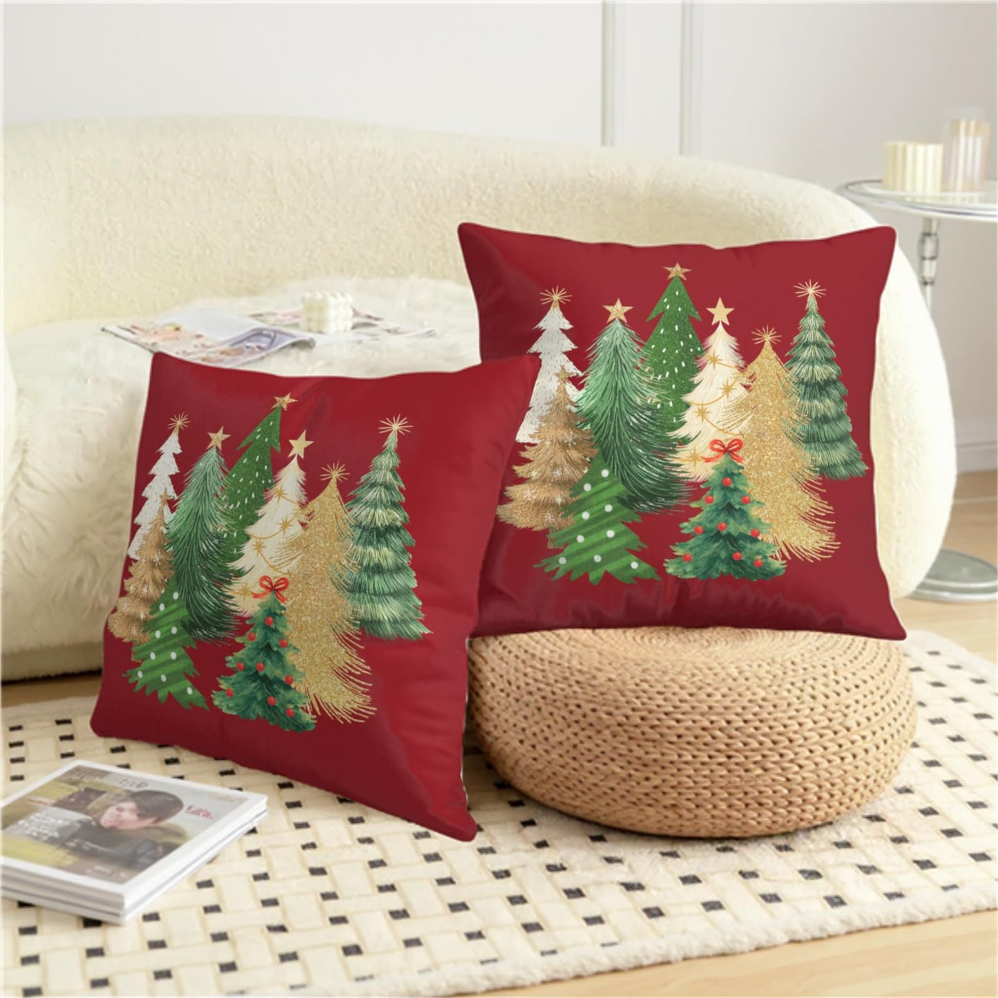 Kwlegh Red Christmas Pillow Covers 18x18 Set of 2 Gold Green Xmas Tree Pillow Case Winter Holiday Throw Pillow Covers Double Sided Printing Decorative Cushion Case for Couch Sofa