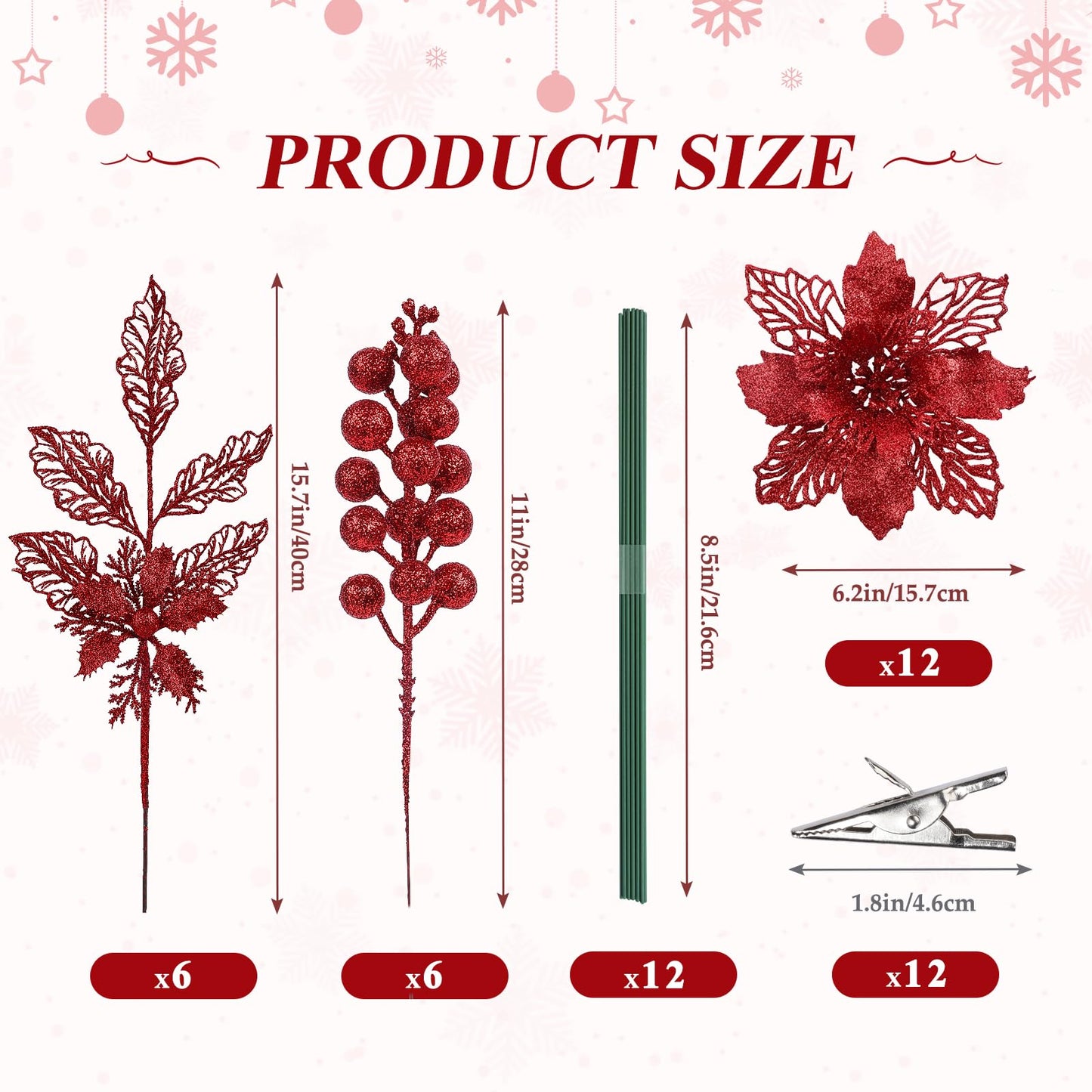 Alupssuc 24 PCS Christmas Tree Decorations, 12 PCS Poinsettia Flowers Artificial+6 PCS Glitter Holly Berry Stems+6 Berry Leaves Christmas Tree Picks for Party Wreath Fireplace, Red