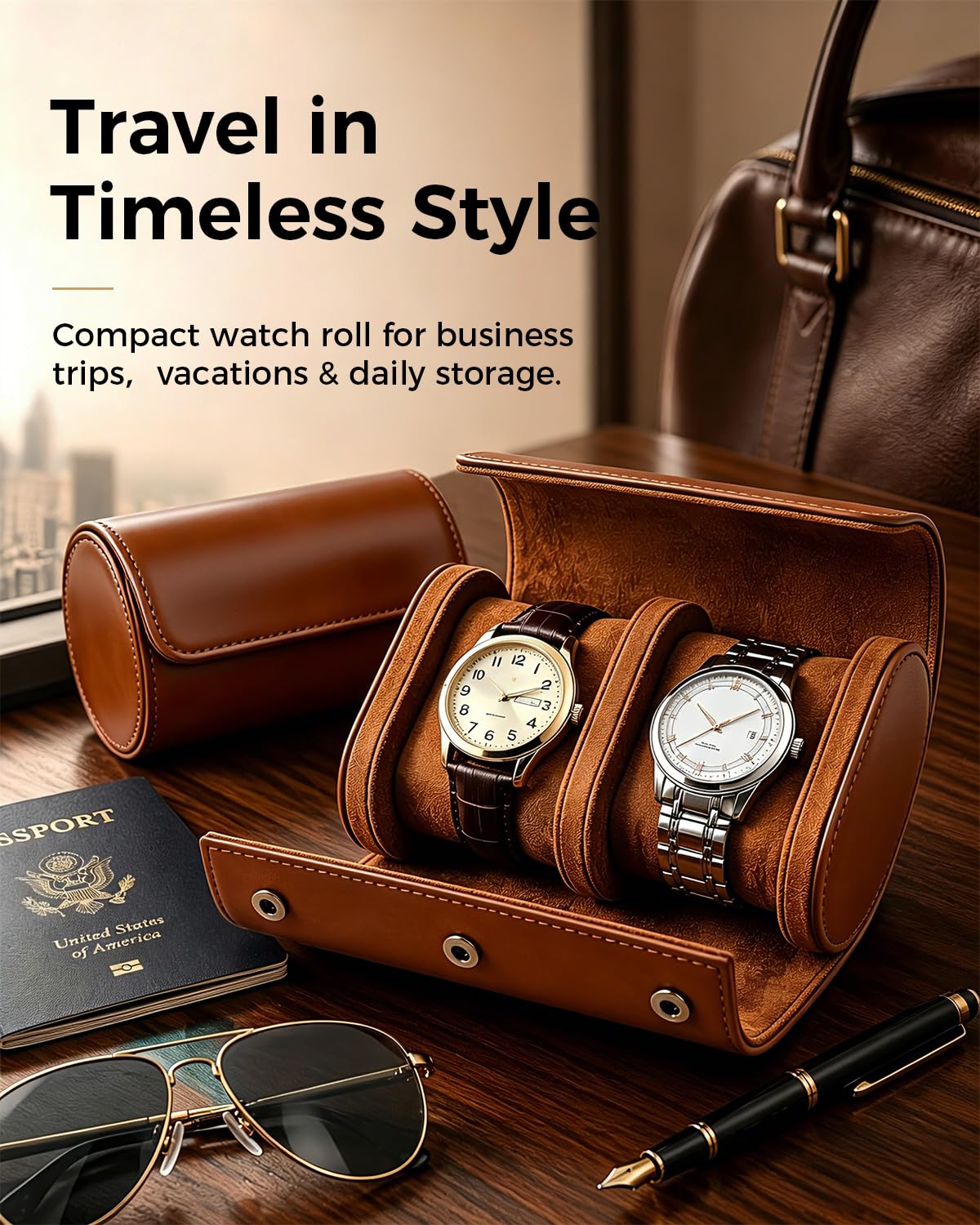 Watch Travel Case for Men: Watch Roll Travel Box 2-Slot with Removable Pillows & Soft Lining - Portable Storage Compact Organizer for Travel & Display - Gift for Men (Brown)