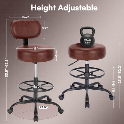 SUPERJARE Drafting Chair with Back, Adjustable Foot Rest Rolling Stool, Multi-Purpose Office Desk Chair, Thick Seat Cushion for Home Bar Kitchen Shop - Rustic Brown