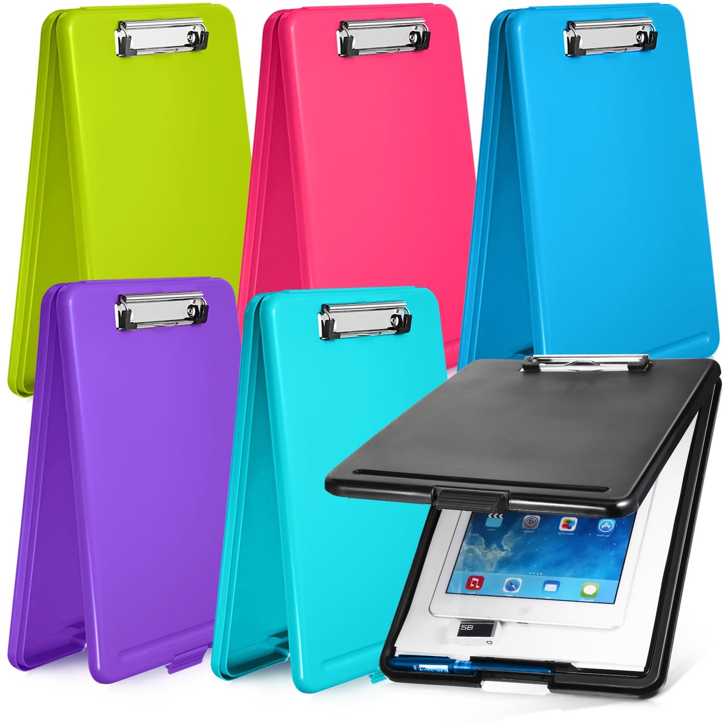 6 Pieces Clipboard with Storage, 9.5 x 13.5 Heavy Duty Plastic Storage Clipboard, Nursing Foldable Clip Board with Compartment and Metal Clip for Nurse Teacher Student Classroom Office (Bright Color)