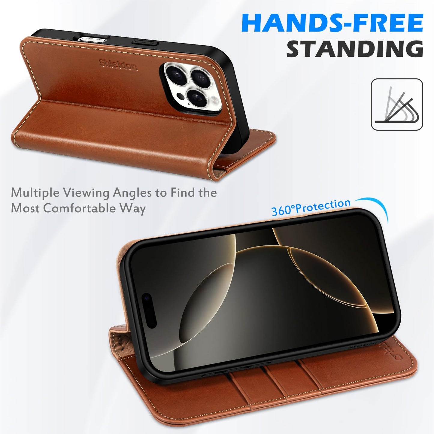 SHIELDON Wallet Case for iPhone 16 Pro 6.3" 2024, Genuine Leather Folio Magnetic Closure RFID Blocking Card Holder Kickstand Full Protection Phone Case Compatible with iPhone 16 Pro - Retro Brown