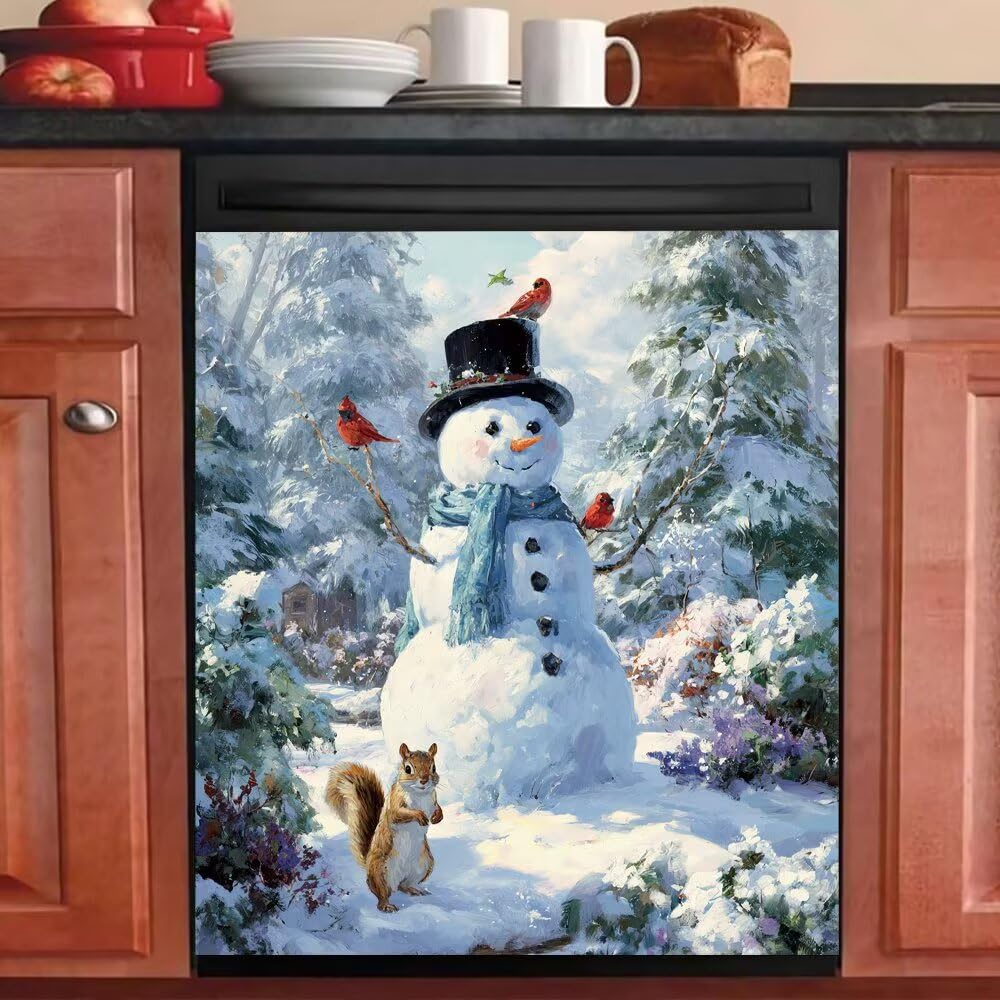 Dishwasher Magnet Cover, Snowman Dishwasher Magnetic Decorative, Winter Snow Dishwasher Magnet Covers for Front, Xmas Tree Refrigerator Magnets Sticker for Home Kitchen Decor, 23"x26"