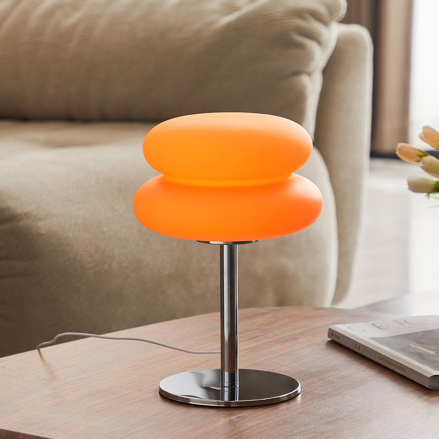 LSTVZSNRX Orange Mushroom Lamp, Mid Century Modern Lamp for Nightstand, Dimmable Retro Egg Tart Bedside Lamps, Home Decor Ambient Lighting Aesthetic Cute Lamps for Bedroom Living Room (NOT Glass)