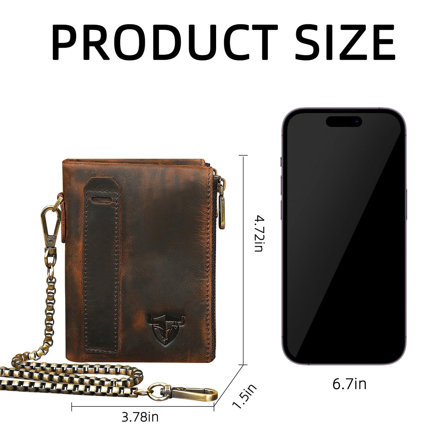 Handadsume Oil Wax Genuine Leather Travel Gift Coin Pocket Card Case Vertical Chain Rfid Wallet Purse With Snap For Men Male 1802 (Brown)