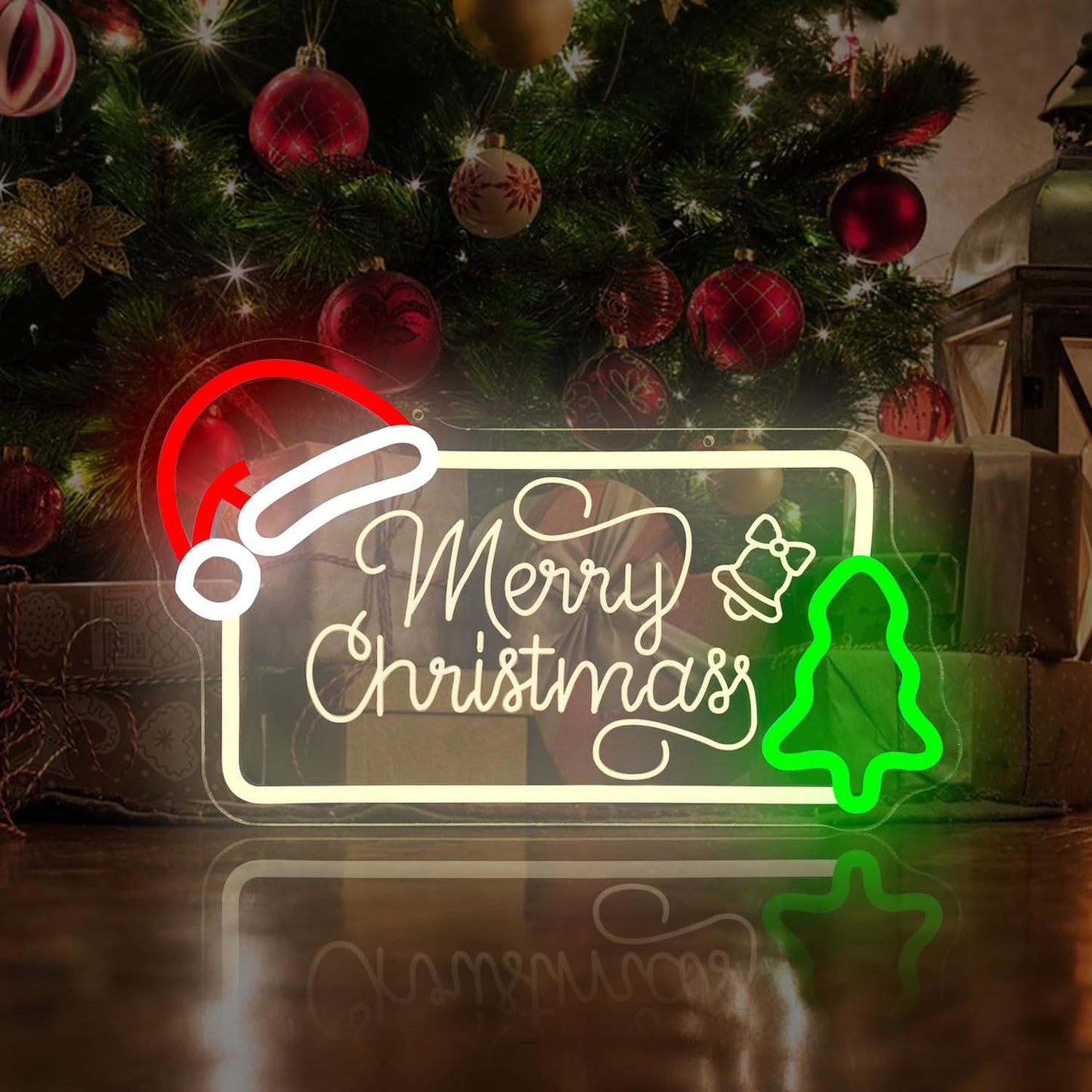 hhuohuona Merry Christmas Neon Sign Dimmable Neon Christmas Sign with Santa Hat & Tree Merry Xmas Light Up Signs for Wall Decor Holiday Gifts Decorations for Home