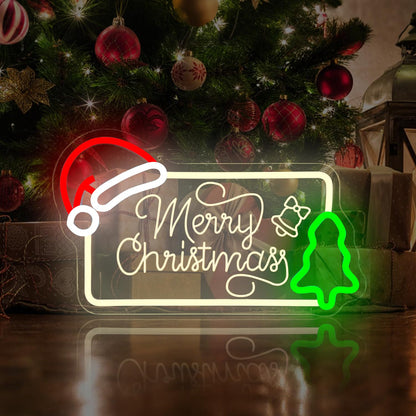 hhuohuona Merry Christmas Neon Sign Dimmable Neon Christmas Sign with Santa Hat & Tree Merry Xmas Light Up Signs for Wall Decor Holiday Gifts Decorations for Home