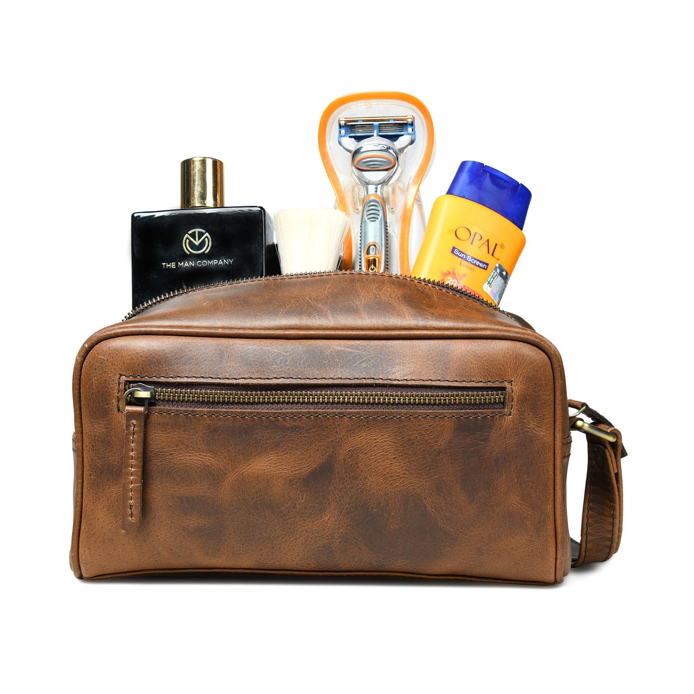 MaheTri Leather Toiletry Bag Travel Dopp Kit | Genuine Handcrafted Cosmetic Bag for Men & Women | Multipurpose use Durable Leather Toiletry Bag (Cosmetic, Shaving Kit) (Lumber Brown)