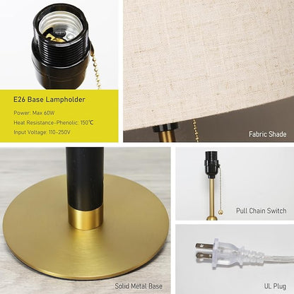 21" Bedside Lamps Set of 2 for Bedroom Living Room Modern Table Lamp Nightstand Lamp for End Tables 3-Color Temperatures Pull Chain Wood Fabric for Home/Office/Desk Decor (Light Brown+Brass)