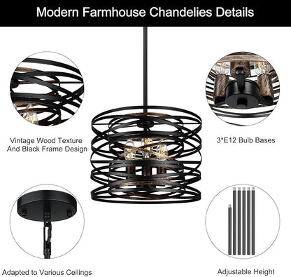 3-Light Farmhouse Black Chandelier for Dining Room Lighting Fixtures, 12.6'' Rustic Drum Ceiling Hanging Pendant Light for Foyer Entryway Kitchen Bedroom, Black with Wood-Grain Metal Interior