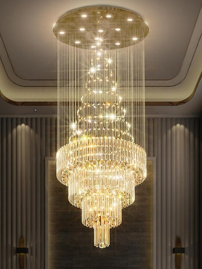 Flashing God D32''XH79'' Modern Foyer Chandelier for High Ceiling Raindrop Crystal Chandelier High Ceiling Pendant Light Fixture for Hallway Living Room Gold Stairwell Chandeliers