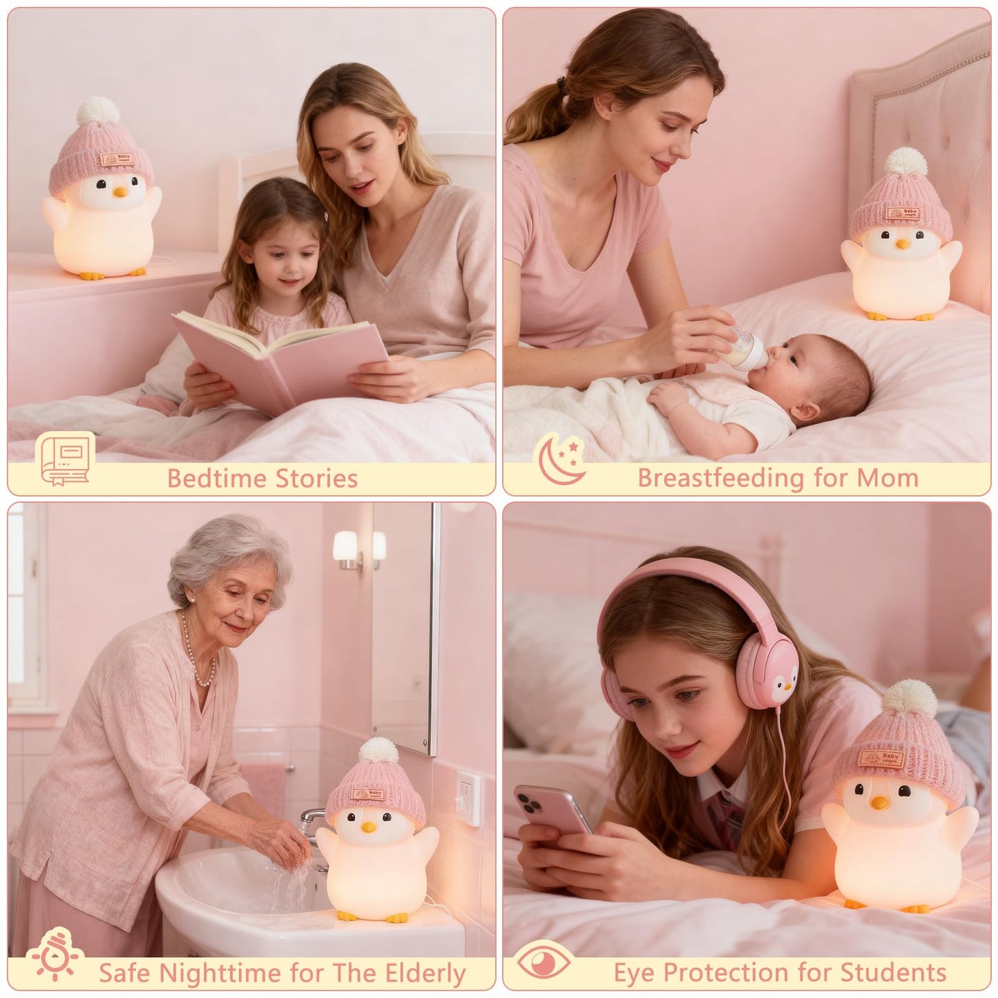 FAMIDUO Pink Penguin Night Light with Knit Hat - Squishy Silicone Rechargeable LED Bedside Lamp, Dimmable Timer for Baby Nursery, Cute Animal Nightlight, Adorable Penguin Gift for Boys Girls Toddlers
