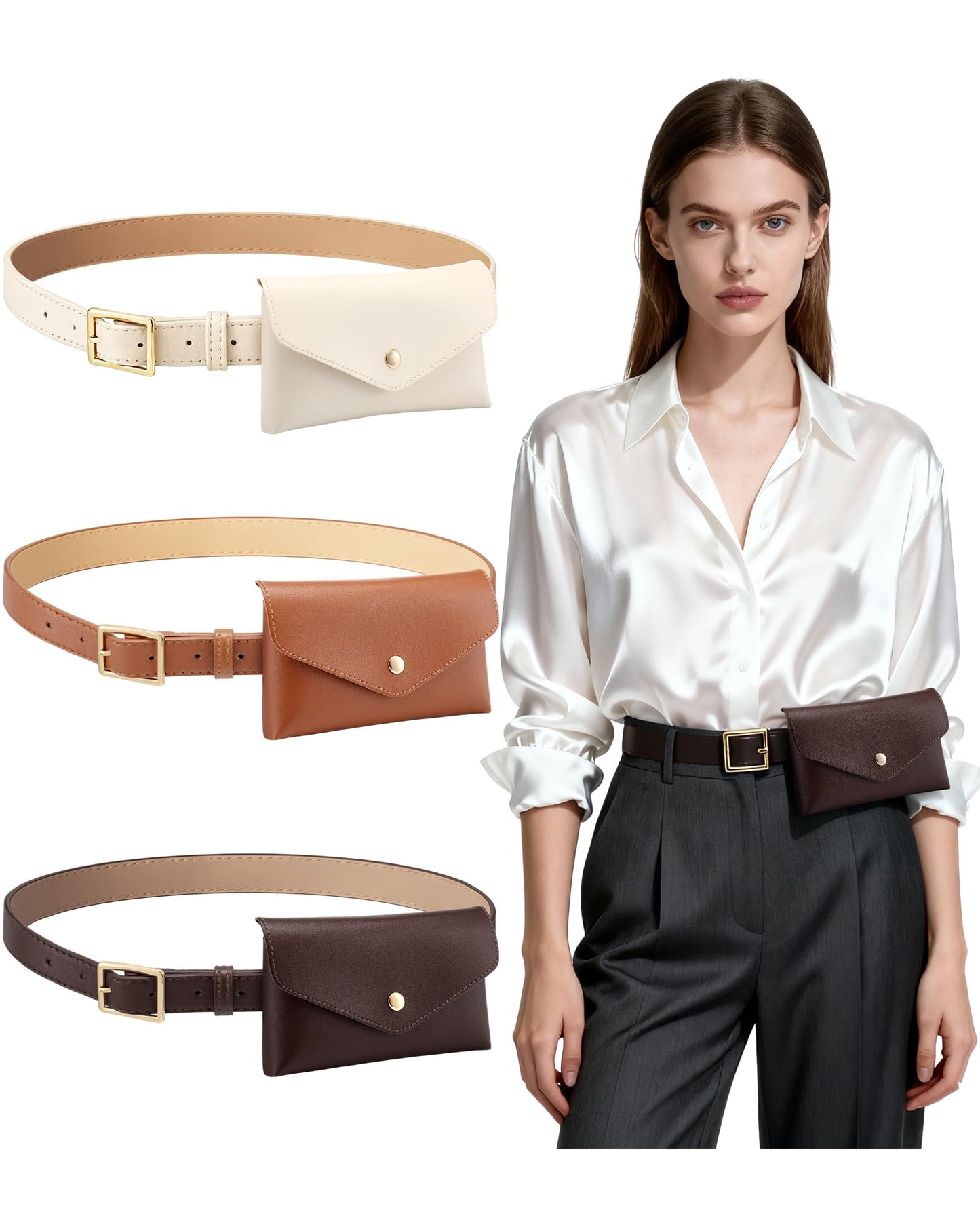 Shihanee 3 Pcs PU Leather Waist Belt Bags for Women Adjustable Fashion Mini Waist Pouch Equestrian Belt Bags for Fashion Party Riding Hiking Daily Use Y2k Accessory (Beige,Brown,Coffee)