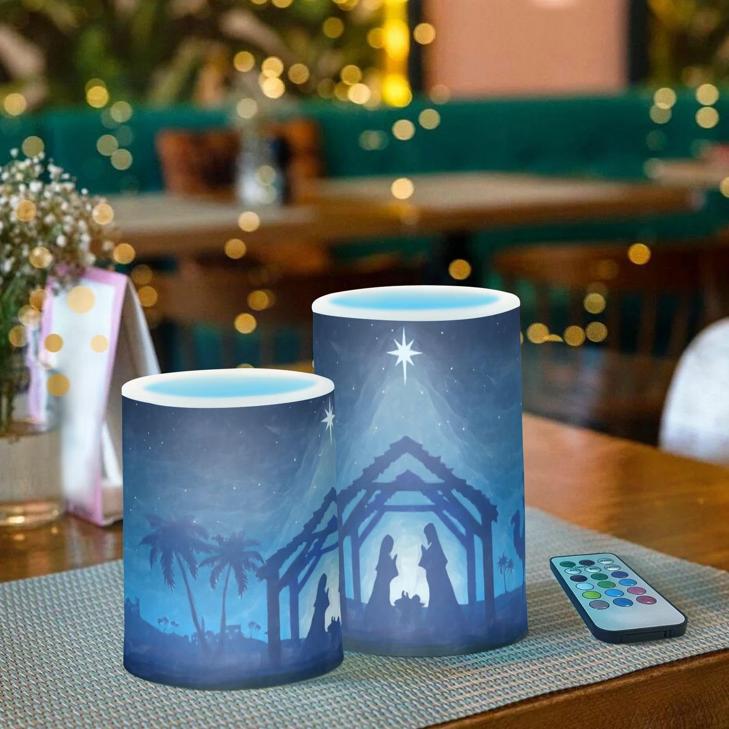 ALAZA Christmas Nativity Scene Blue Flickering Flameless Candles Battery Operated with Remote Timer,Tea Light Candles LED Pillar Votive Candles Set of 2 for Outdoor Indoor Decorations