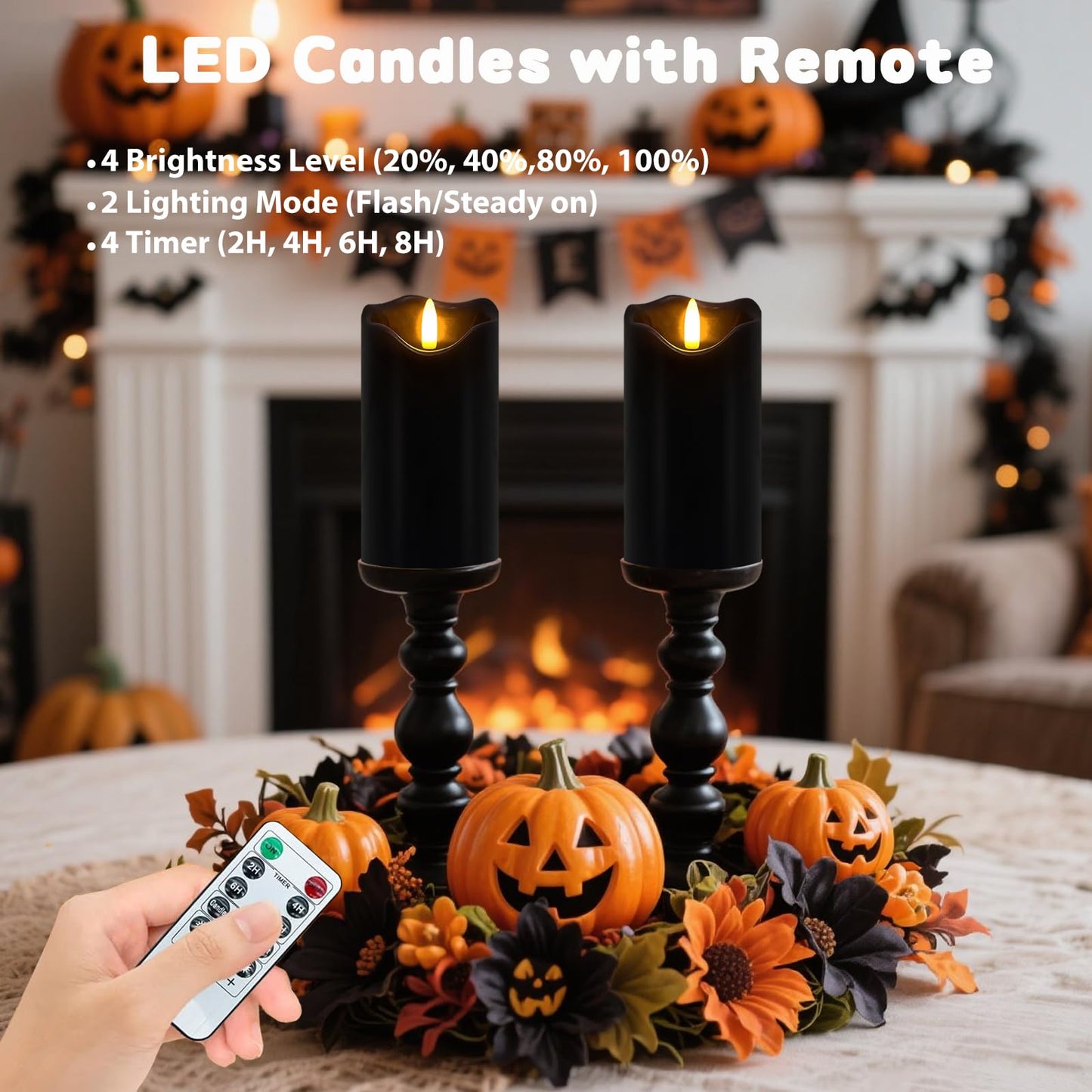 Black Flameless Candles, Set of 2 6"x3" Flickering LED Candles with Remote & Timer, Dimmable Real Wax Electric Pillar Candles Battery Operated, Flameless Candles Light for Home Halloween Decor (Black)