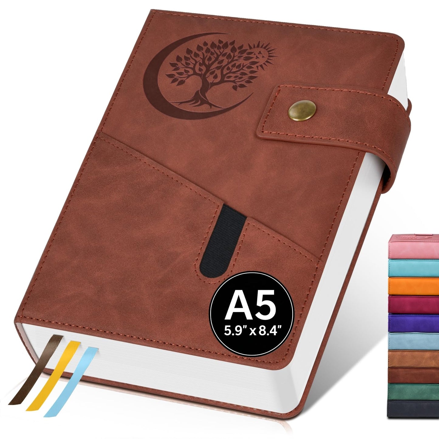 PAIBAS A5 Leather Lined Journal Notebook, 5.9"x8.4" 366 Pages 100GSM College Ruled Hardcover Diary with 3 Ribbon Bookmarks, Brass Snap & Front Pocket, Journals for Writing Work Travel Men Women