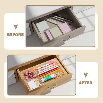 Briwooody Clear Acrylic Desk Drawer Organizer 11 x 6.1 x 1.38 Inch Storage Tray Organizer for Pens, Stationery, Desktop, Office, Bathroom, Kitchen, Makeup Supplies (6 Compartments)