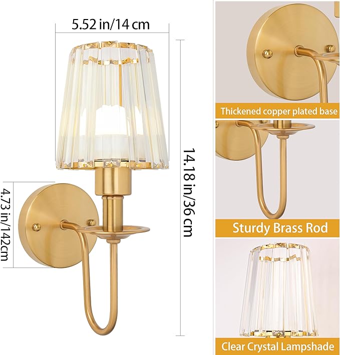 Battery Operated Wall Sconces set of Two,Wireless Wall Sconces with 5000 mAh Bulb and Remote,LED 15 Colors Rechargeable Gold Wall Sconce with Crystal for Bedroom Living Room Hallway Wall Decor