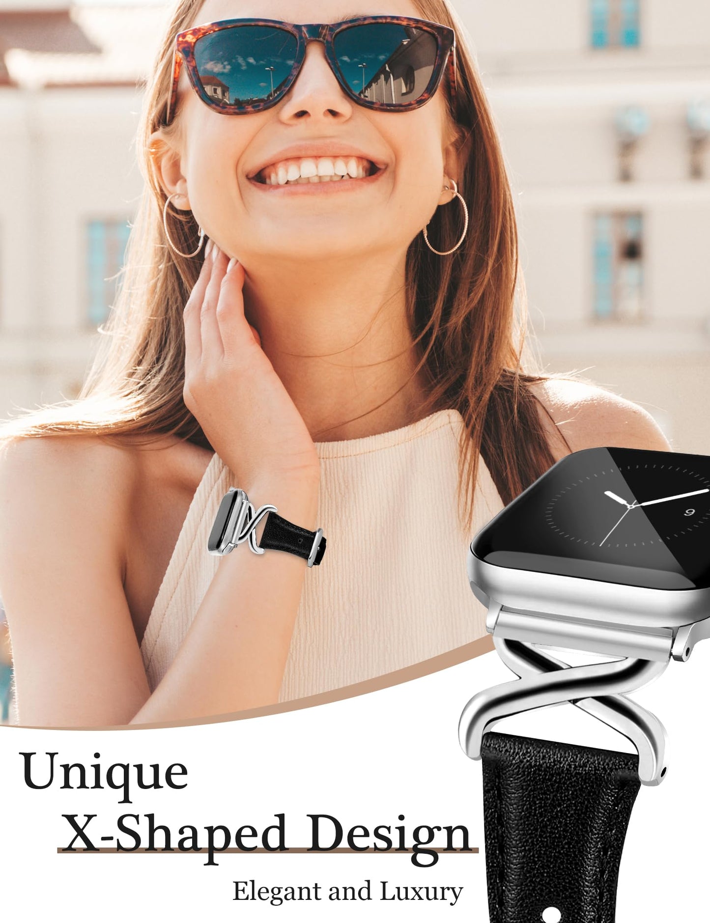 JR.DM Leather Bands Women Compatible with Apple Watch 40mm 38mm 44mm 45mm 41mm 42mm 46mm 49mm Dressy Slim Fancy Strap with X-Shaped Metal Crown for iWatch Series Ultra/SE/11/10/9/8/7/6/5/4/3/2/1 Black