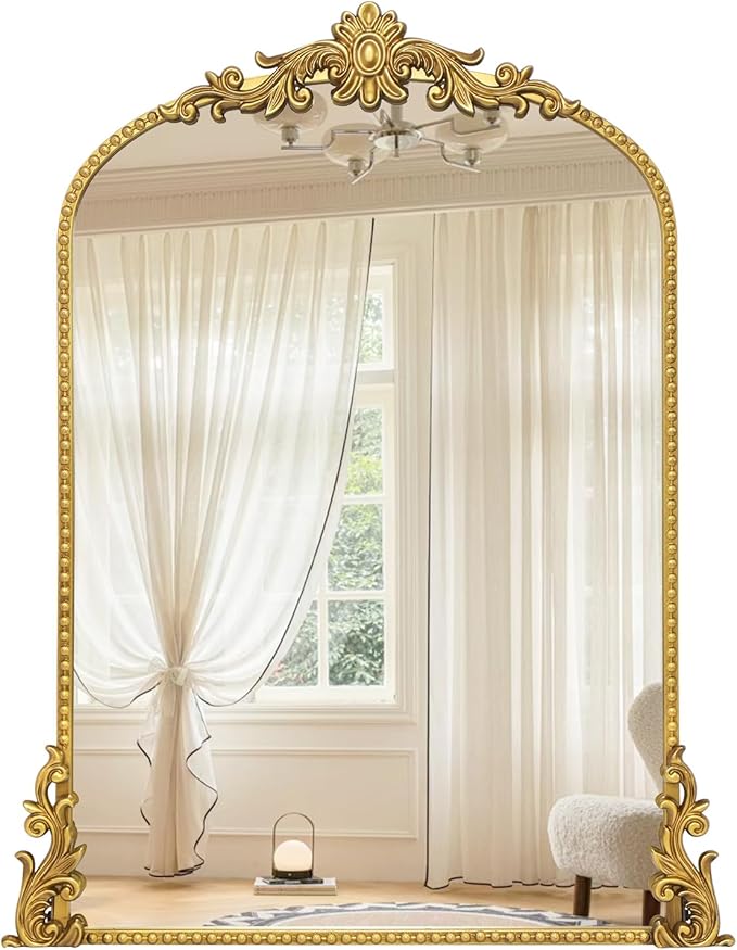 Growsun Vintage Gold Arched Mirror, 24’’x36’’ Antique Baroque Ornate Wall Mirror Decor with Full Metal Frame for Fireplace/Entryway/Living Room/Bathroom