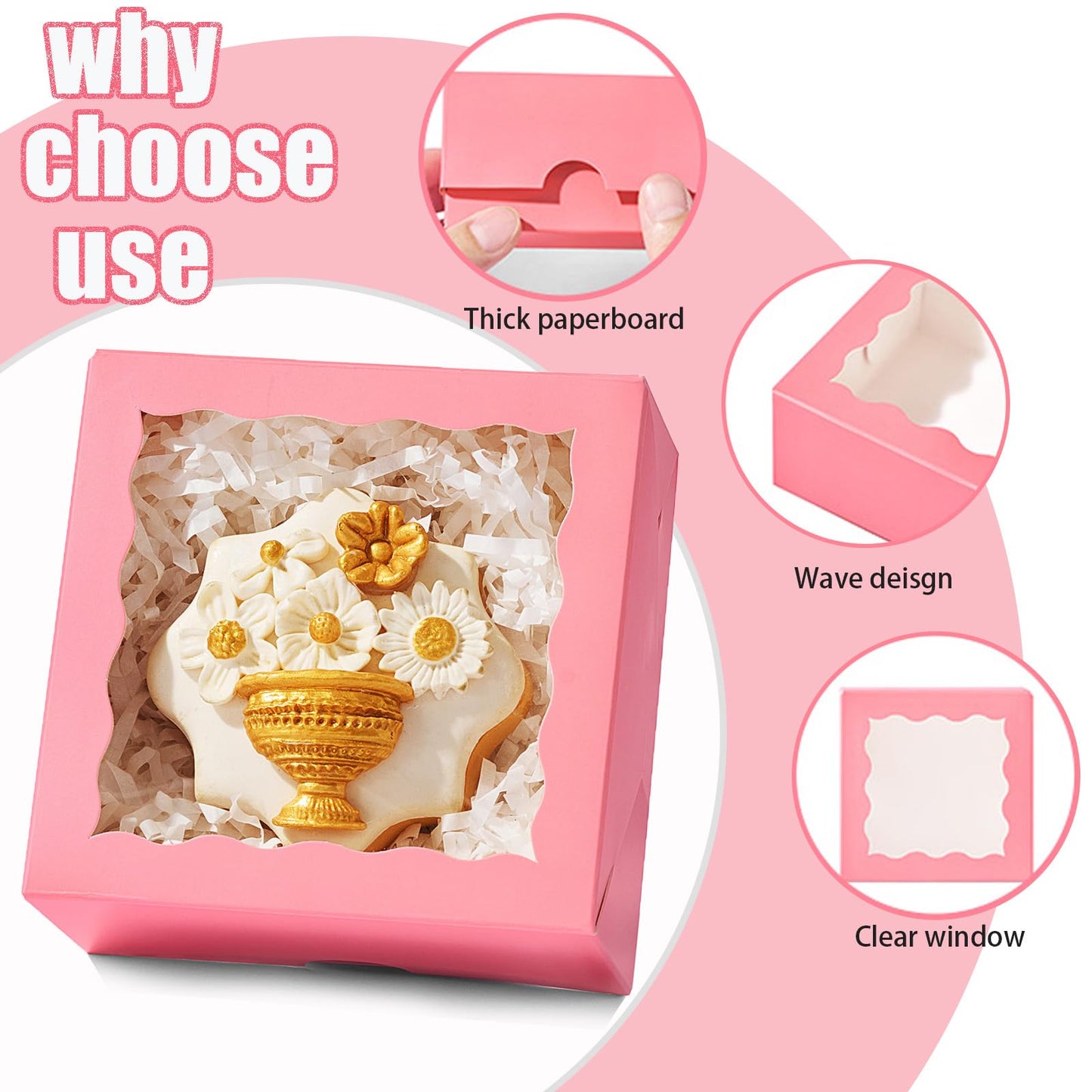 JCXGRVC 50PCS 4x4x2 Inches Pink Bakery Boxes with Clear Window Ideal for Packaging Cookie, Strawberry, Macaron, Ores, Chocolate Truffles, Donut, Pie Treat Boxes for Party Wedding Valentine's Birthday