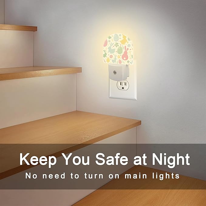 Easter Bunnies and Eggs Night Light, Colorful Rabbits and Flowers Dusk to Dawn Night Light Plug in,0.5w Energy Saving Sleep Friendly NightLight for Kids Boys Girls Home Decor