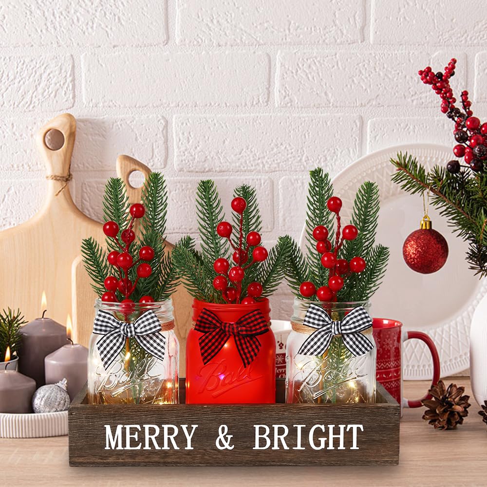 DIYDEC 3PCS Christmas Mason Jars 3*5Inch lighting Painted Xmas Tiered Tray Decorative Jars with Wood Tray &Artificial Flowers Wishing Bottles for Winter Holiday Home Table Centerpiece Decor Gift (Red)