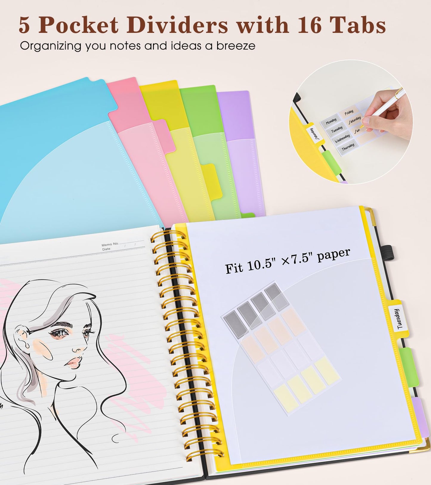 Hardcover Large Spiral Notebook 8.5" x 11" with Removable Dividers Tabs, 300 pages Leather 5 Subject Notebook College Ruled, A4 Journal for Women Men, Notebooks for Work School Note taking,Black
