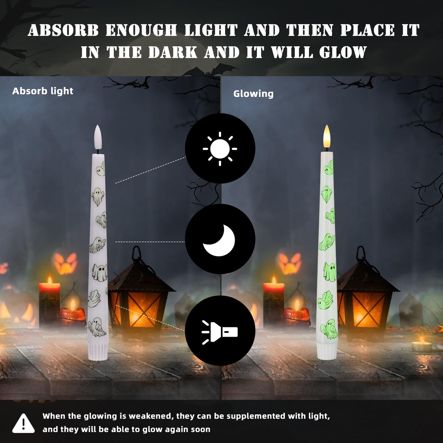 AFINETH Halloween Flameless Taper Candles with Ghosts Glow in The Dark, Real Wax Battery Operated Candles with Remote, 3 Pack Flickering Halloween Led Candlesticks for Party Home Decor
