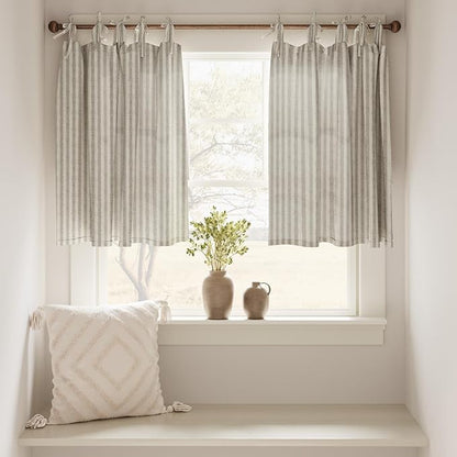 jinchan Tab Top Linen Kitchen Curtains 36 Inches Striped Tier Curtains Farmhouse Modern Cafe Style Small Window Treatments Airy Light Filtering Rod Pocket for Living Room Bathroom 2 Panels Taupe Grey