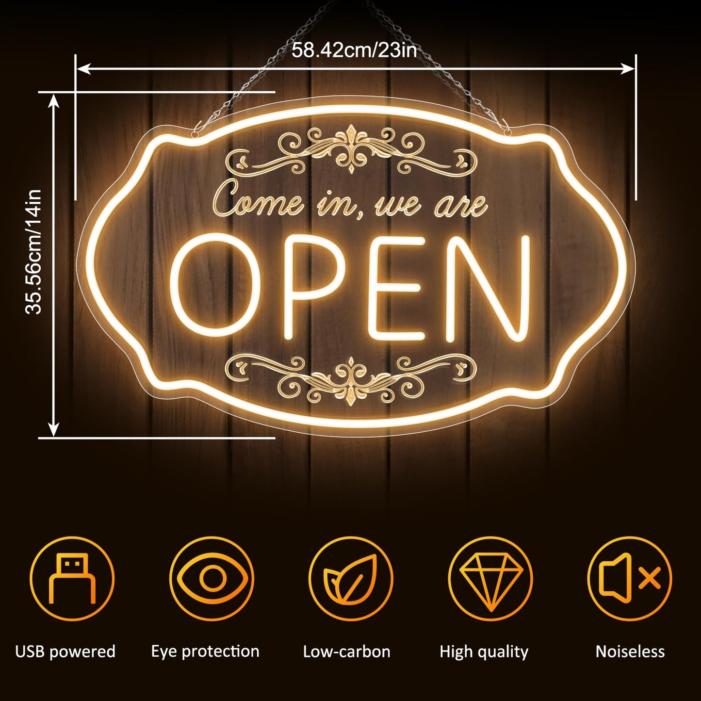 LED Neon Open Sign for Business, 23.5x14'' Come in We’re Open Sign, Warm White Adjustable Brightness Neon Lights for Party, Bar,Salon, Stores, Hotel, Wall Decor, Clubs, Hotels