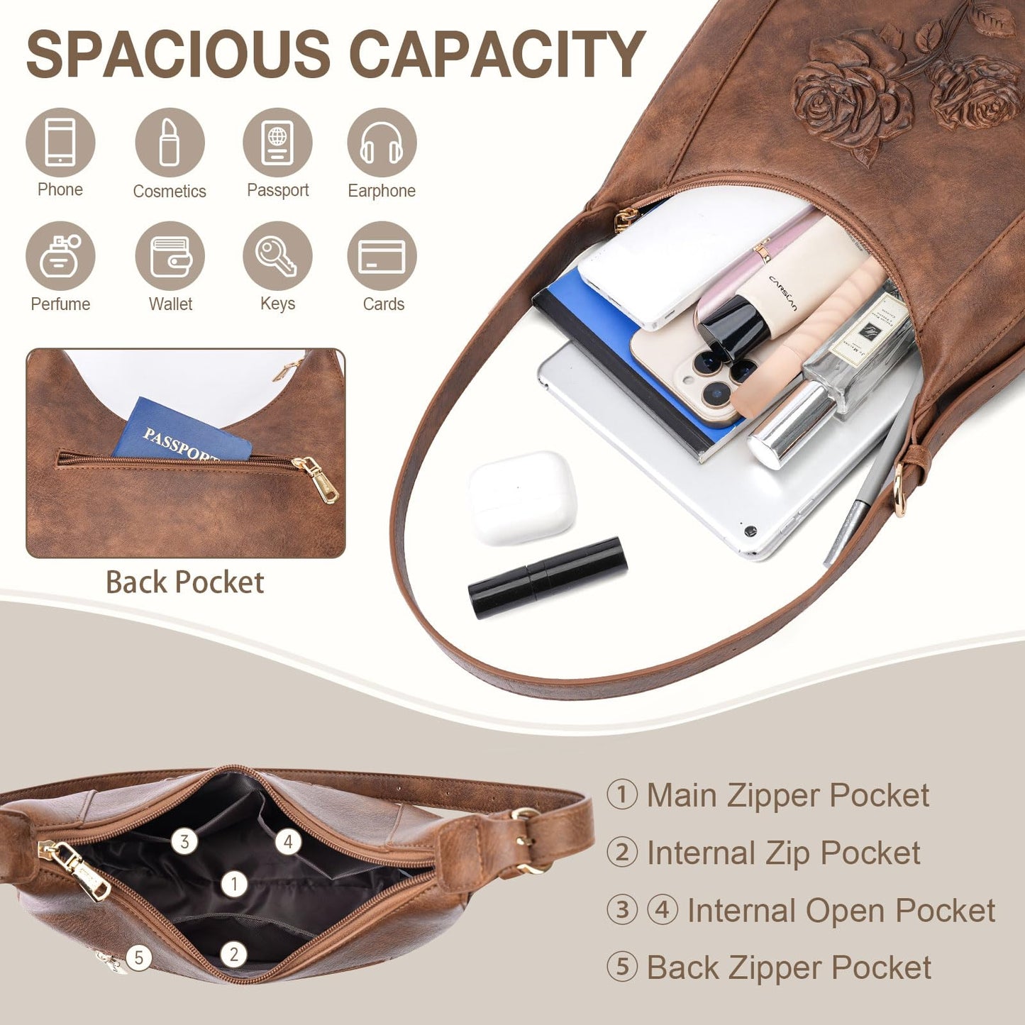 VIMUTI Small Shoulder Bag for Women, Vegan Leather Embossed Hobo Purse with Underarm Strap, Compact Daily Handbag (Brown)