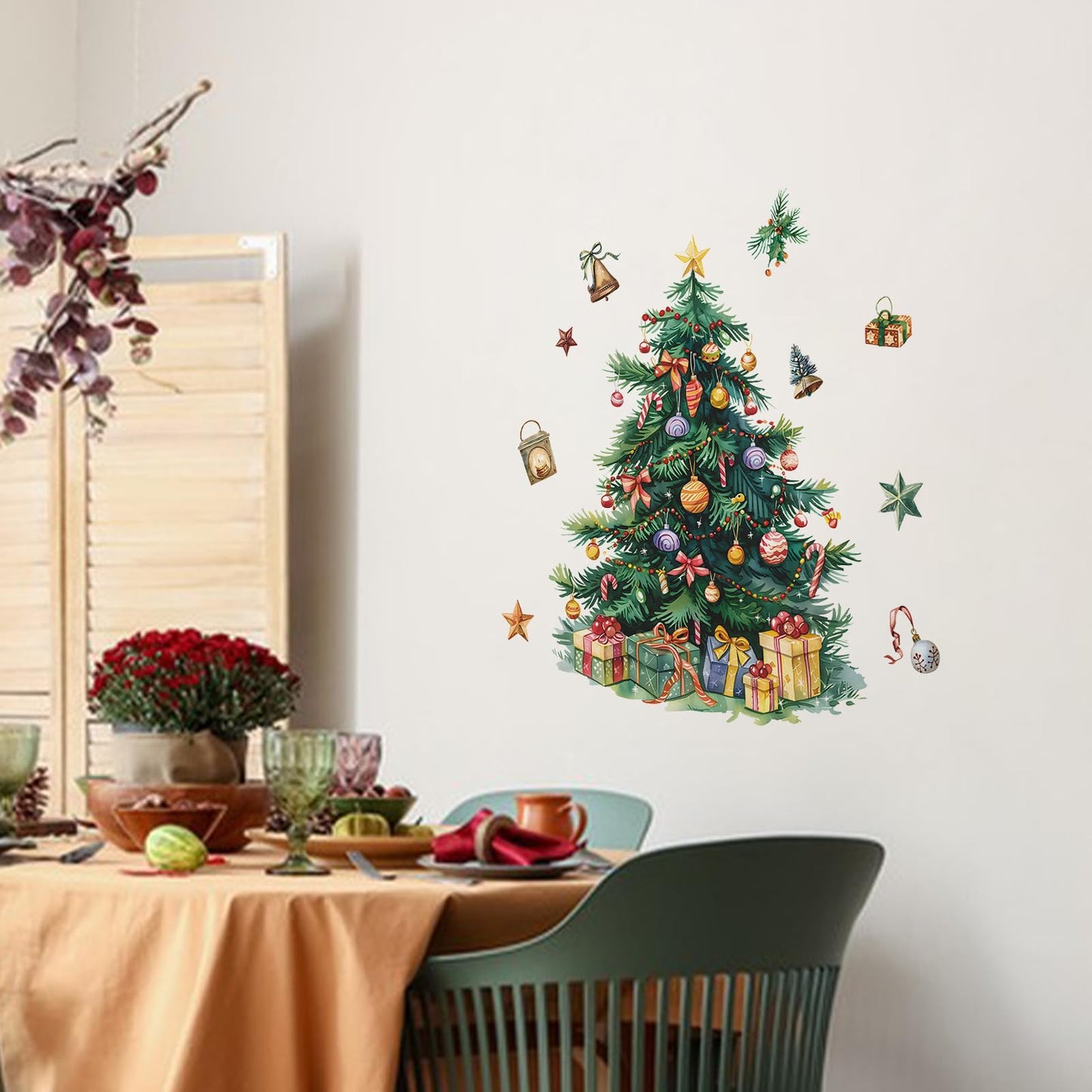 MeyRolizn Merry Christmas Tree Wall Decal, Christmas Window Clings Wall Decals Peel and Stick, Christmas Decorations Wall Stickers for Winter Room Kitchen Bathroom Party Holiday Decor (Green)