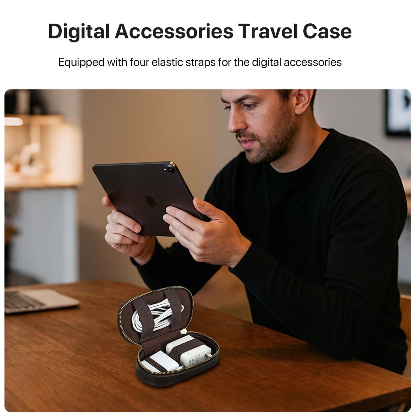 Hiram Handmade Full Grain Oil Bead Leather Tech Pouch – Digital Accessories Travel Case Portable Tech Organizer with Elastic Straps for USB Cables for Business Travel & EDC