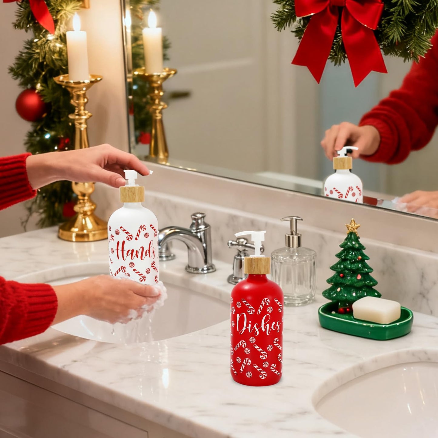 FYSUIMU 2 Pcs Christmas Soap Dispenser Glass Soap Dispenser with Pump Red Xmas Candy Cane Refillable Liquid Container for Hands Dishes Party Home Kitchen Bathroom Decor