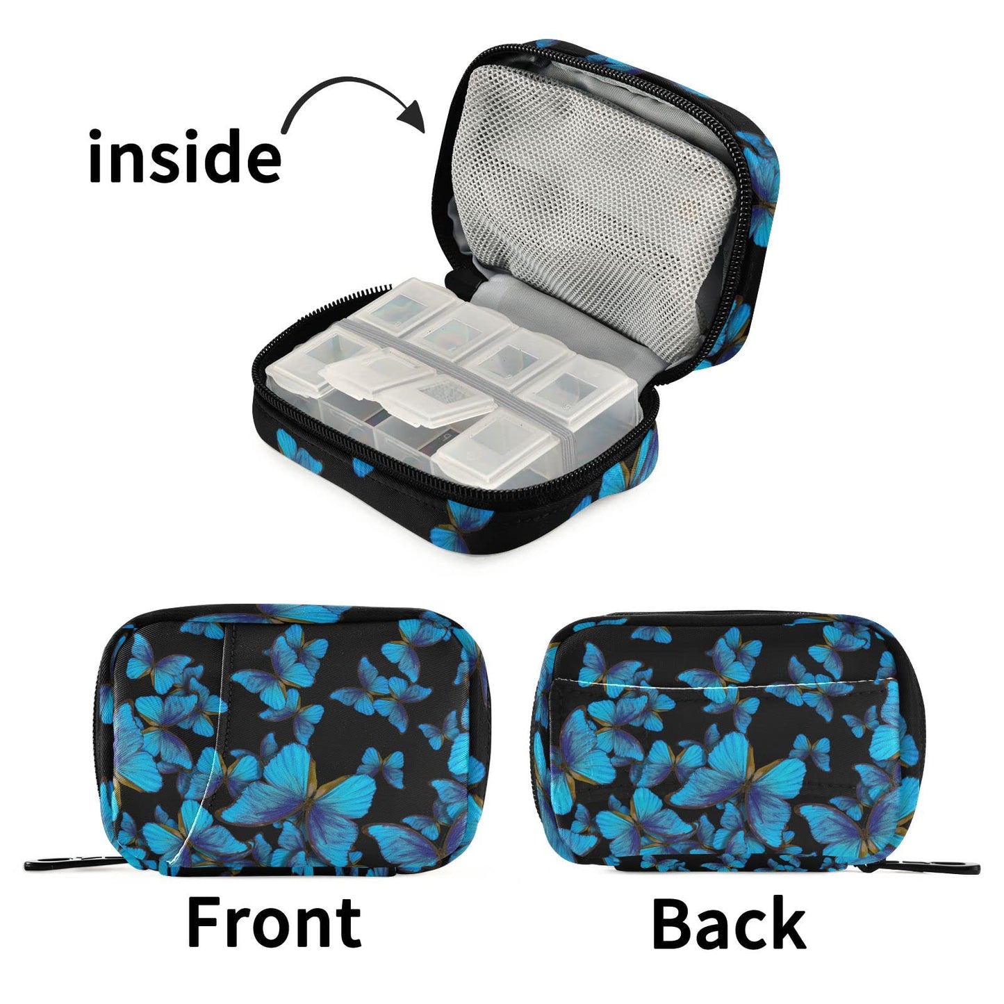 Fustylead Bright Blue Butterflies Travel Pill Organizer Case Zipper for Purse with Removable Weekly Pill Box for Medicine, Vitamin, Supplement Medicine Organizer