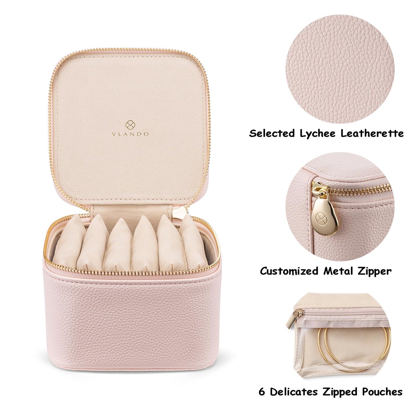 VLANDO Travel Jewelry Box Organizer – Portable PU Leather Jewelry Case with 6/8/12 Zippered Pouches, Compact Storage for Earrings Rings Necklaces Bracelets, Rosy Mauve