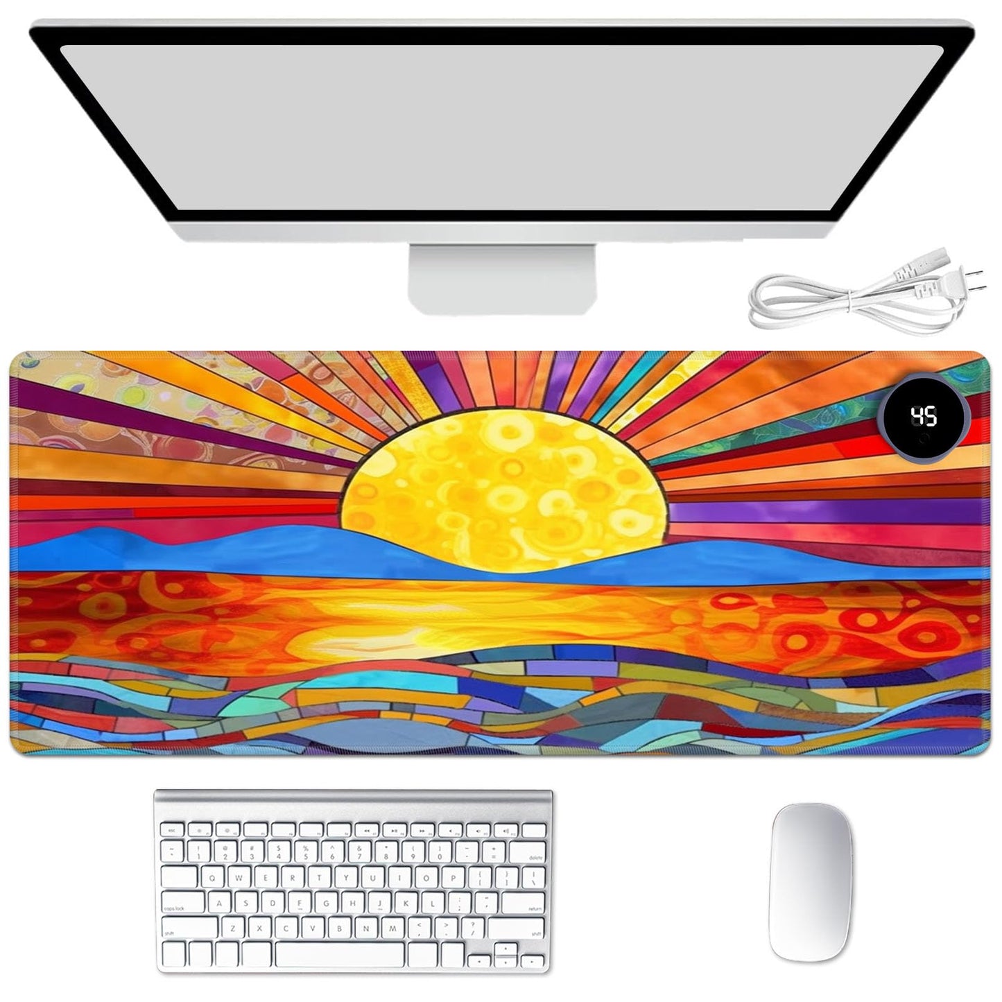 Heated Mouse Pad Hand Warmer, Warm Desk Pad Mousepad Desk Mat with 3 Levels Heating and 3 Hours Auto Shut Down 31.5 x 13 inch PU Leather Warmer Keyboard Mat for Gaming Laptop Office Home, A Art Sun