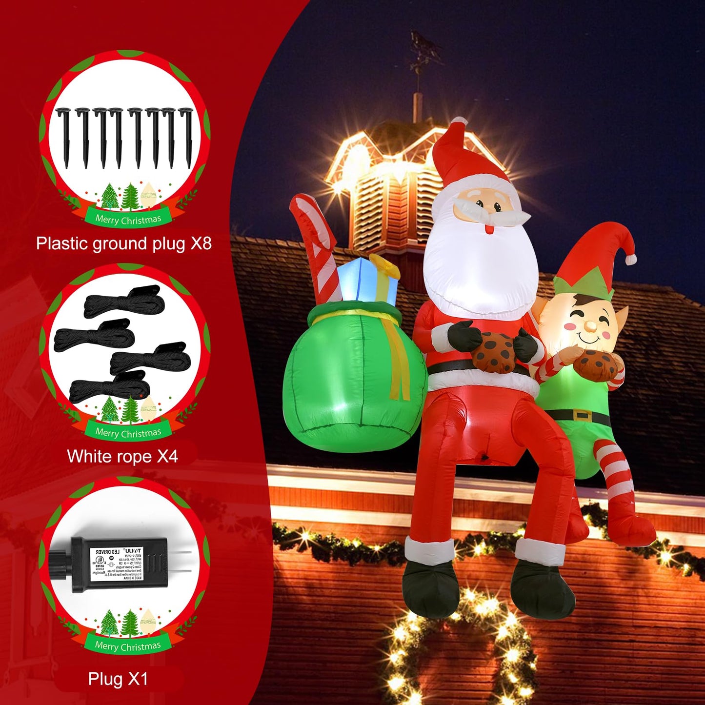 InfleasJoiy 8FT Santa Claus Sitting on the Roof Christmas Inflatable Decoration with LED Lights, Suitable for Holiday Celebration Decorations in Courtyards, Lawns, Terraces, etc.