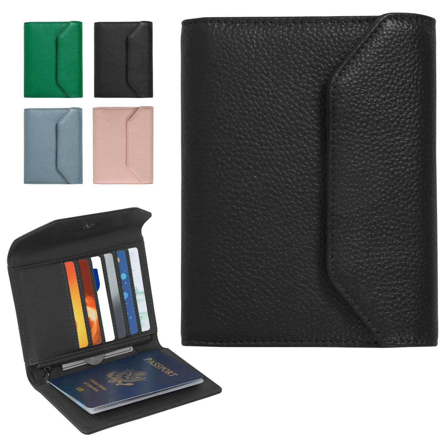 WHHMK Leather Passport Holder for Travel,Rfid Passport Holder Protect Your Card Security,Passport Book Holder for Men Women,Travel Wallet with Cards & Pen Slot,Boarding Pass,Zipper Cash Pocket(Black)